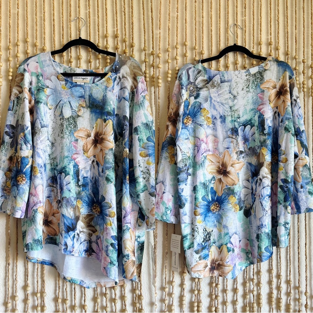 NWT Watercolor Floral Embellished Asymmetrical Flowy Boho 3/4 Sleeve Blouse 2X